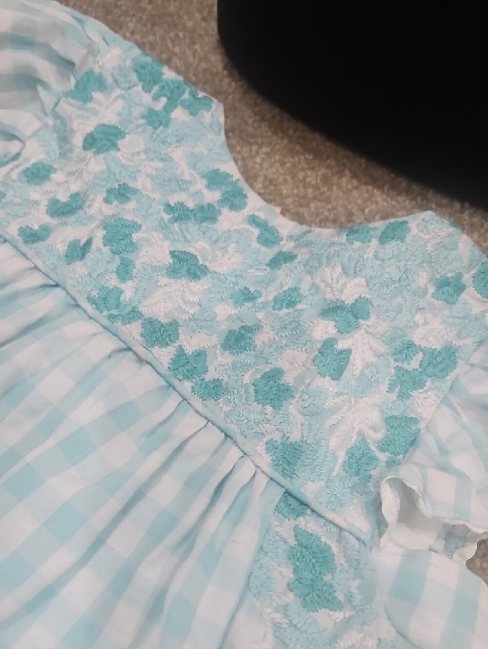 Girls' Light Blue Gingham Casual Dress with Floral Embroidery - Picture 2 of 8